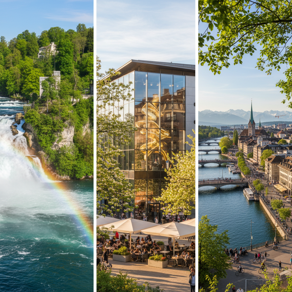 苏黎世 🚃 莱茵瀑布(约45m) 🚃 因特拉肯(约2hr)